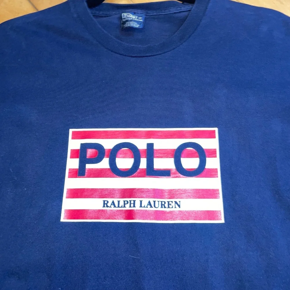 Polo Ralph Lauren Vintage Graphic Tee USA Flag Logo Spell Out Navy Medium
